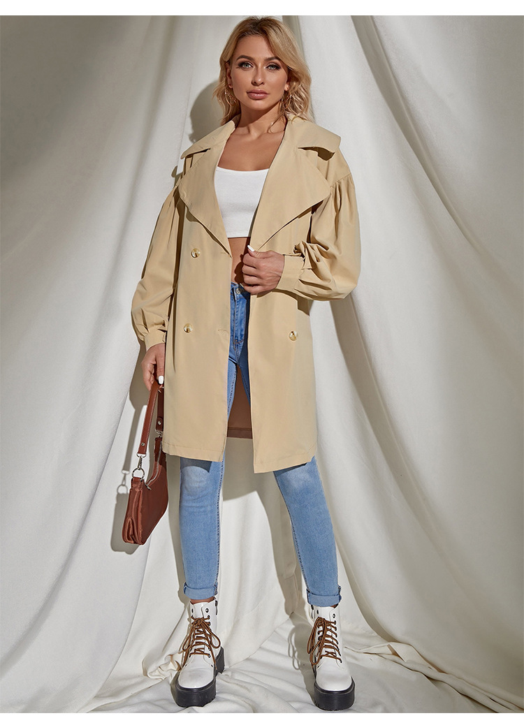 Women Clothing Casual Double Buckle Belt Style Long  All-Matching Autumn Women Coat  Khaki Trench Coat in Trench Coats