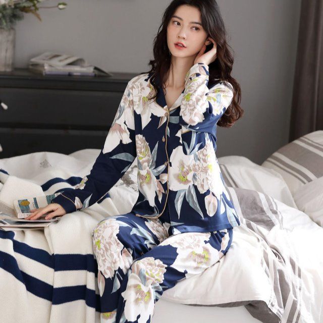 Primavera y otoño de algodón pijamas de mujer de mediana edad mamá manga larga más tamaño cardigan traje de mediana edad y ancianos casa