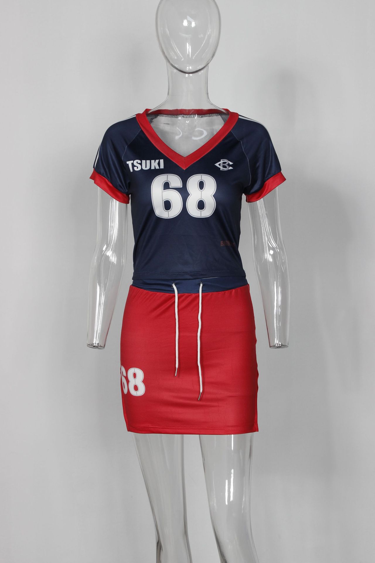 Summer Sweetheart Girl Elastic Sports V neck Color-Block Printed Short Top Skirt Outfit