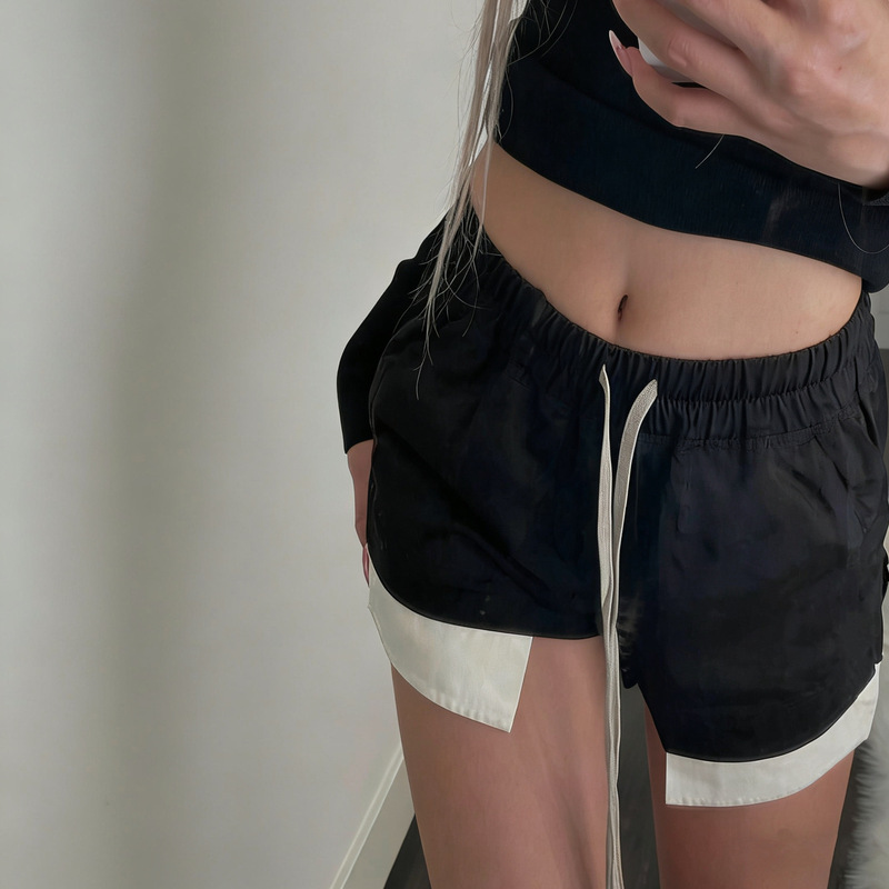 Jcstone Dark Ro Style Drawstring Elastic Waist Flowing Commuter Hot Pants with Exposed Pockets High Waist Shorts for Women