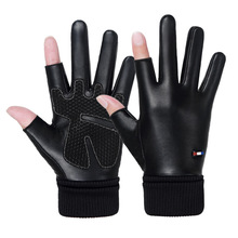 新款秋冬保暖加绒皮手套男露二指防风防水骑行防滑摩托车户外登山