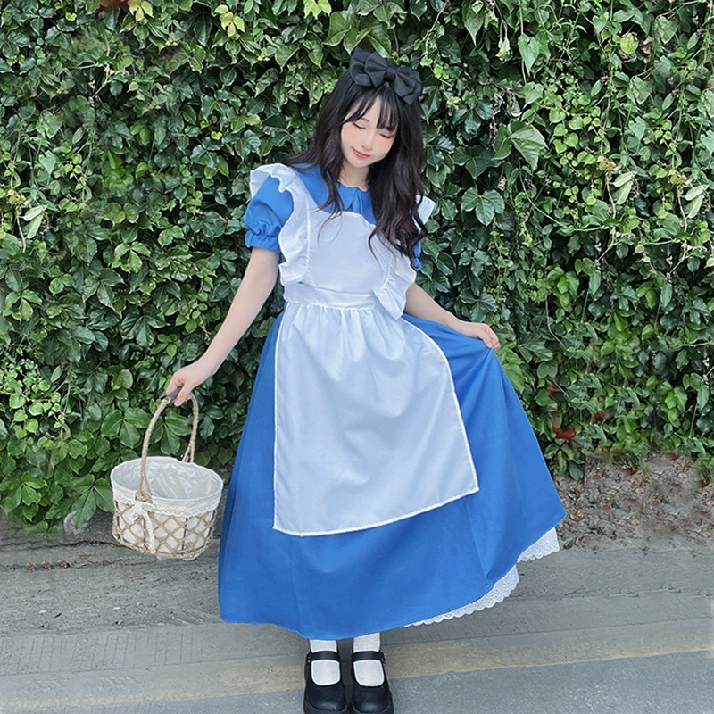 Платье принцессы в стилеLolita, короткий рукав, голубой Apron с аксессуаром для волос, размеры S–XL