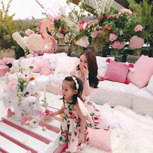 anikoko新款连衣裙 夏季女装D家粉色玫瑰花背心连衣裙亲子度假裙