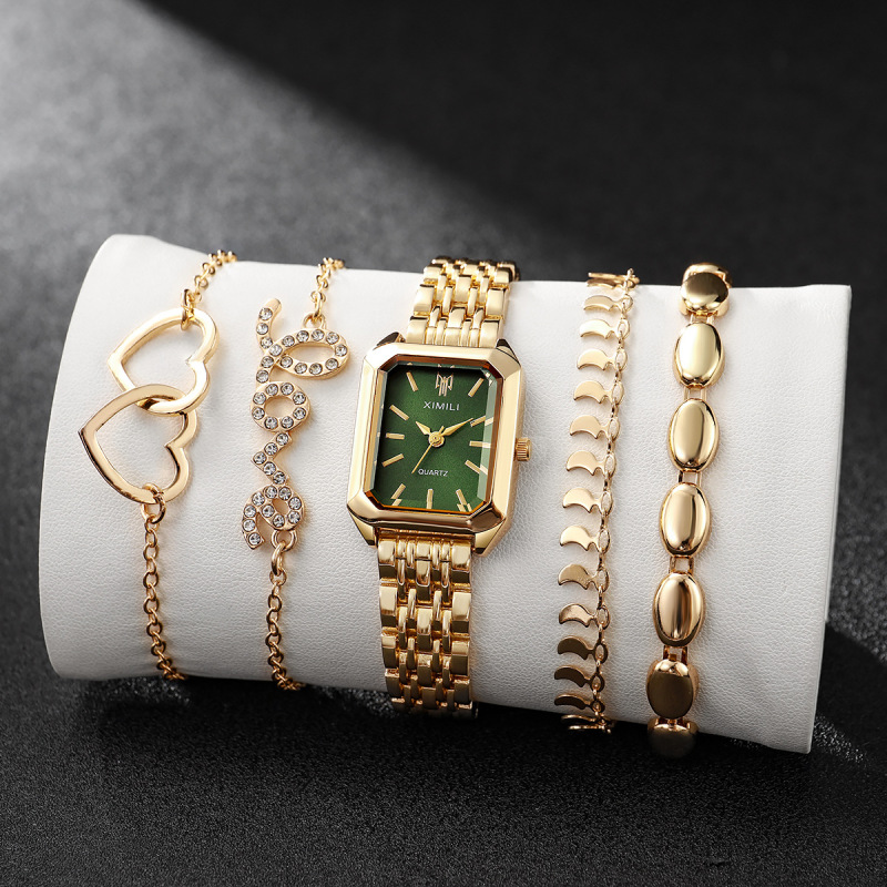 Cross-Border Popular Small Green Watch Quartz Watch Set: Square Green Dial Quartz Watch + Five-Piece Love Bracelet Set