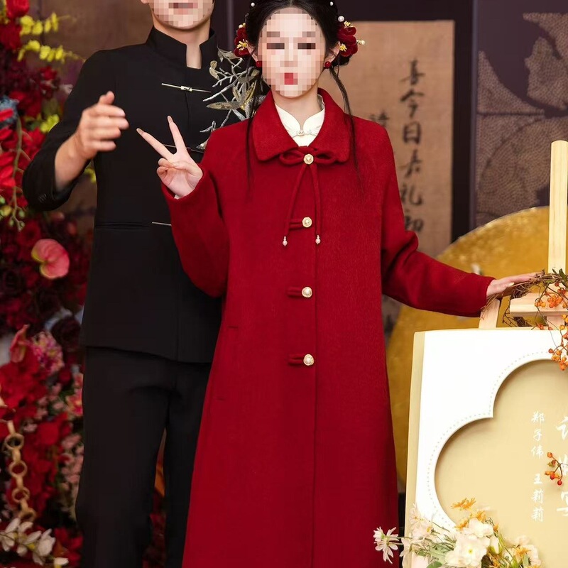 Red Coat for Petite Figures, New Chinese-Style Top, Winter Bridal Wedding Woolen Coat Red Coat for Petite Figures, New Chinese-Style Top, Winter Bridal Wedding Woolen Coat