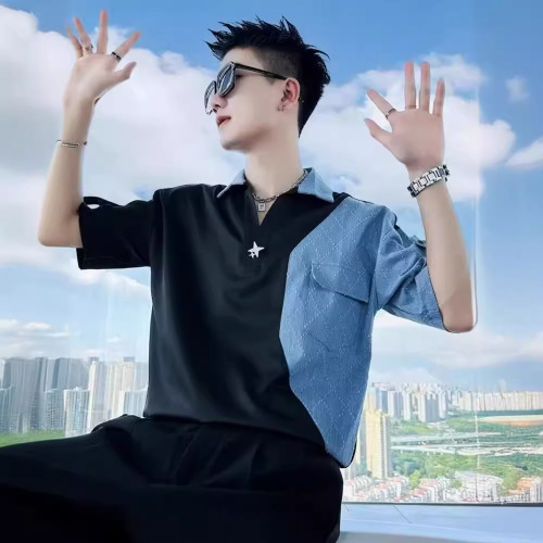 Summer 2024 New Men's Shirt Design Sense Minority Light Luxury Splicing Inches Shirt Trend Brand Top Thin Blouse