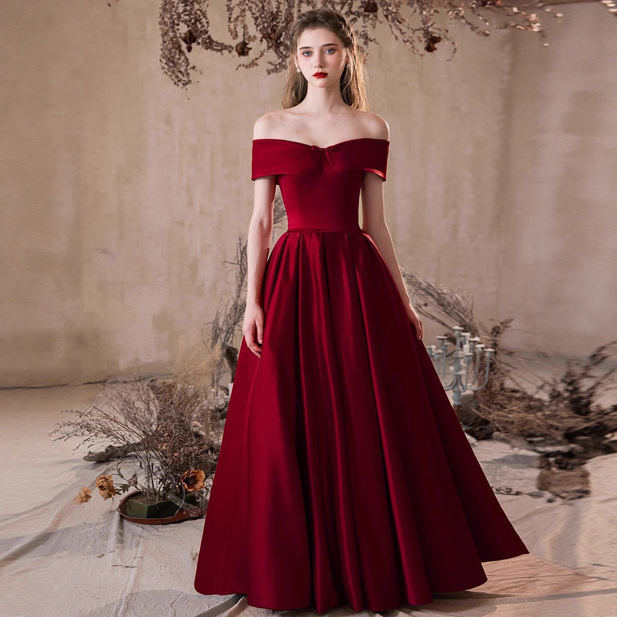 Burgundy One-Shoulder Evening Dress Classy Elegant Birthday Party New Dress Bride Engagement Toast Dress