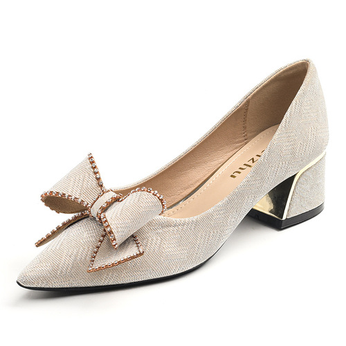  New Spring Evening Pumps French Thick Heel High Heels Pointed Toe Single Shoes Women Medium Heel Plus Size 41-43