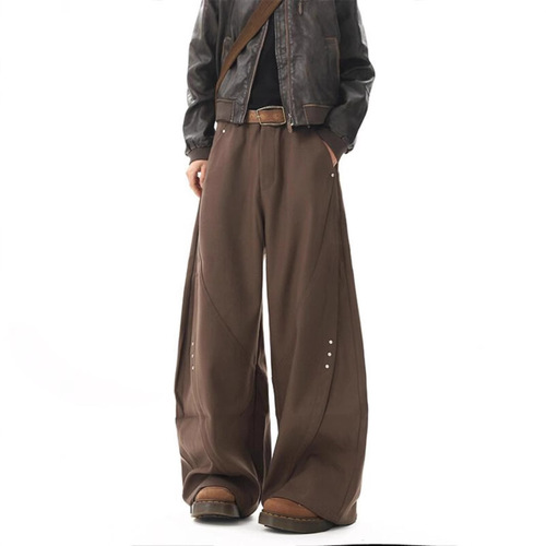 High-end sense rivet cleanfit black curved knife pants for men, spring item, silhouette relaxed wide-leg casual long pants