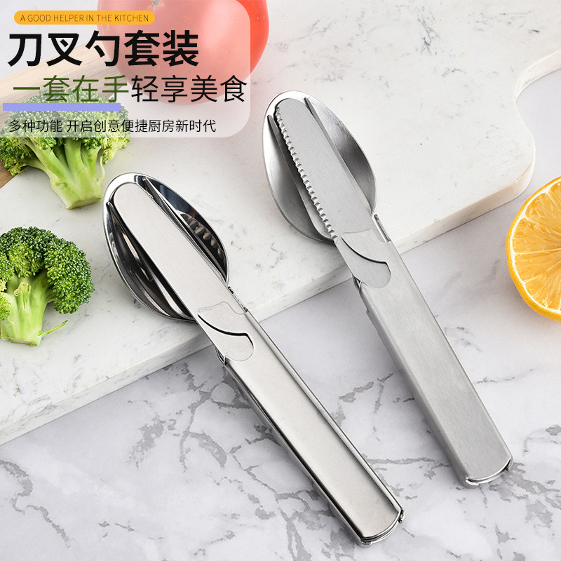 アウトドアポータブルフォークスプーンセット4in1セットキャンプ用品ステンレススチールトラベルステーキセット