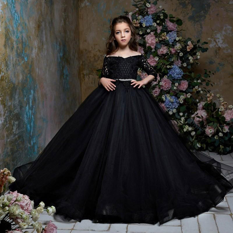 Mother & Kids Girls Black One Shoulder Long Sleeve Party Dress Children's Performance Catwalk Model Birthday Dress【Pre-sale | Ships In 15 Days】_voghion.com