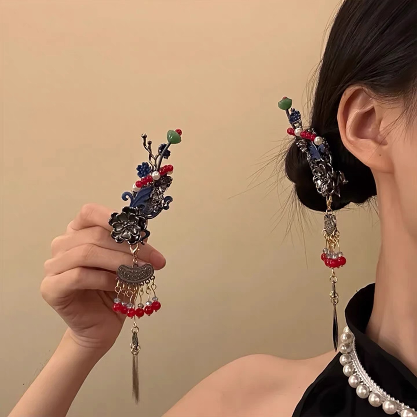 Retro Han Dynasty Hairpin, Ancient Costume Tassel Pendant Side Clip, Tang Suit Super Fairy Imitation Burnt Blue Pearl Tassel Hairpin, Chinese Style Black