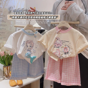 女童休閑萌趣可愛立體印花短袖T恤+九分格子褲套裝夏
