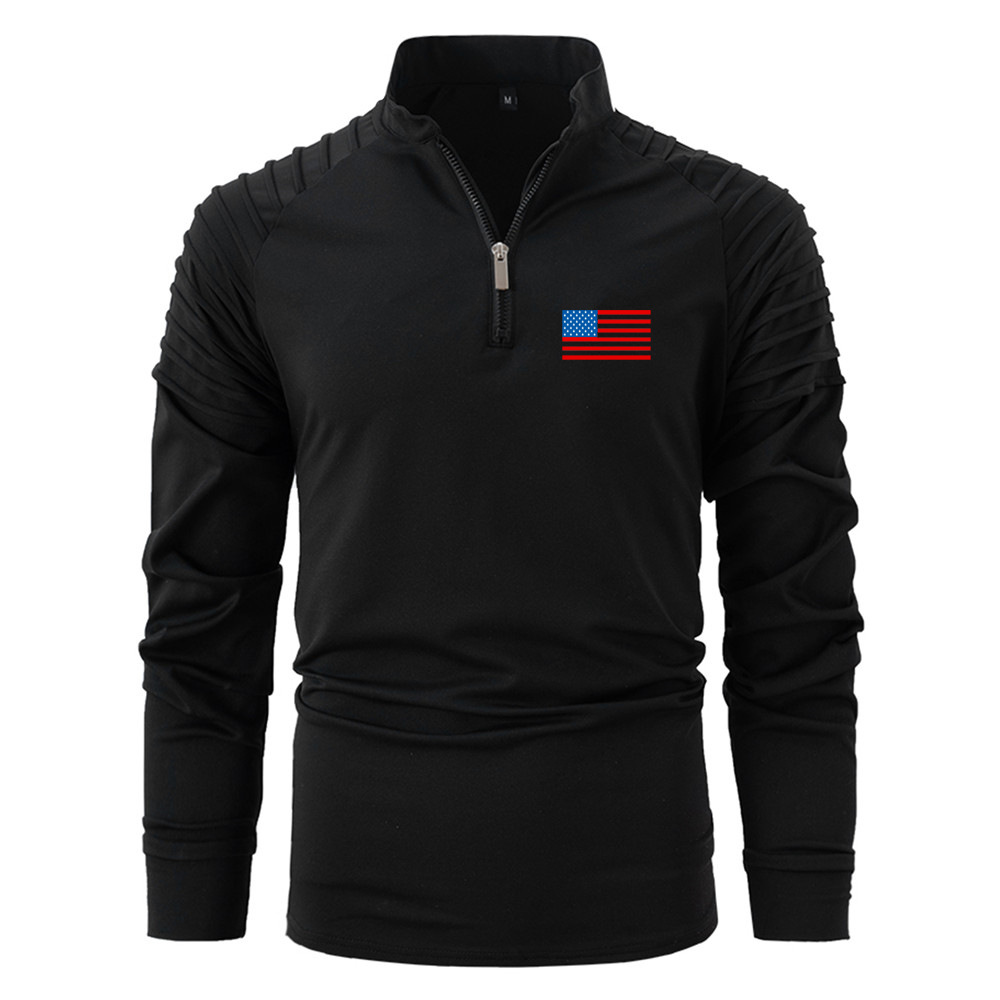 Monochrome Man- European American Men's Casual Sports Long-Sleeve Stand-Up Collar Polo Shirt With Arm Pleats And_voghion.com