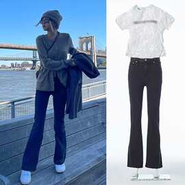 现 2026春季新款韩国设计师ROSE同款辣妹高腰弹力微喇牛仔裤