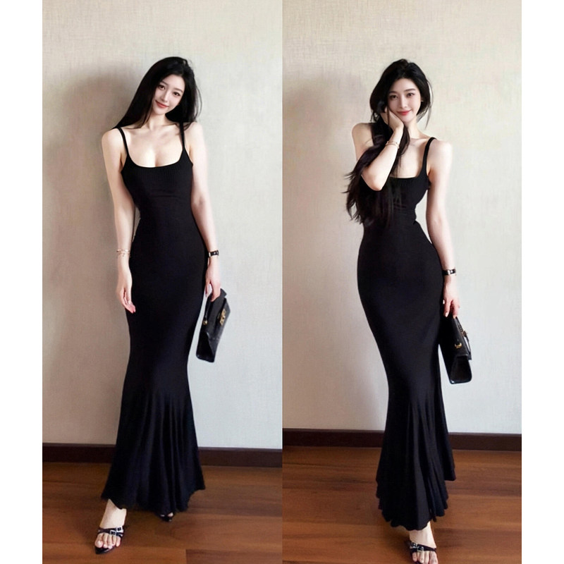 Black Slim-Fit Bodycon Fishtail Dress for Women, 2026 New Summer Style, Strapless Evening Gown, Long Dress with a Flowing Hem