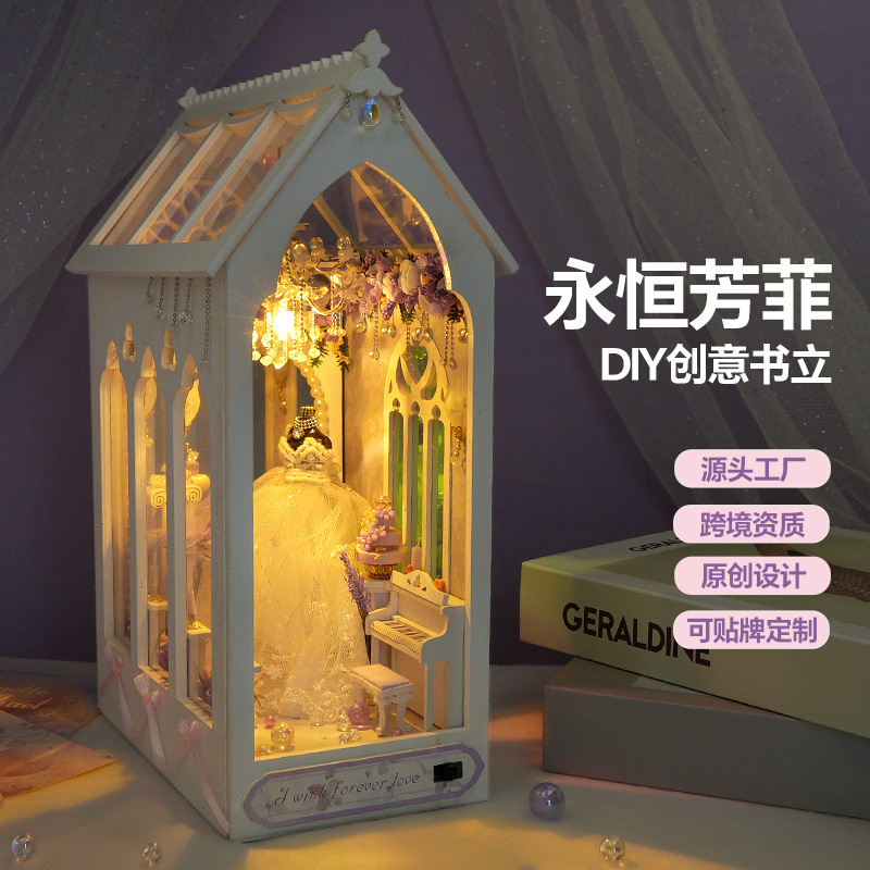 DIY Miniature House Bookend Street Scene Building Blocks Wedding Gift Handmade Assembly Model DIY Micro Landscape Wooden Bookend