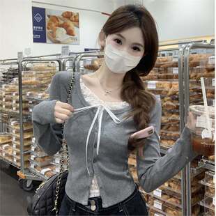 Pure Desire Lace Stitching T-Shirt Spring Slim-fit Slimming Fake Two-piece Long-sleeved Base Shirt for Women