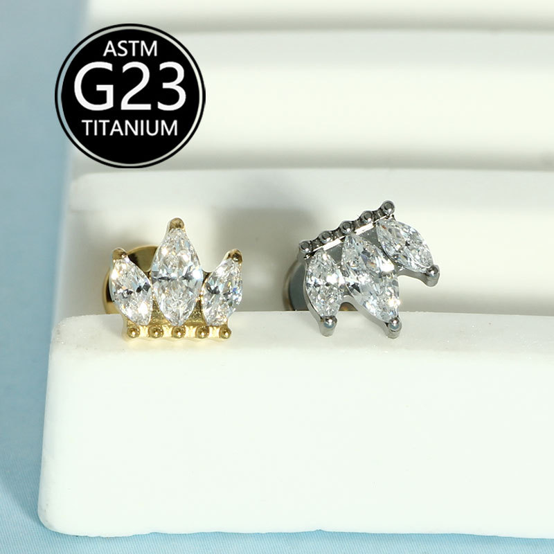 G23 Titanium Marquise CZ Crown Lip Labret Stud Internally Threaded Piercing Jewelry detail image 4
