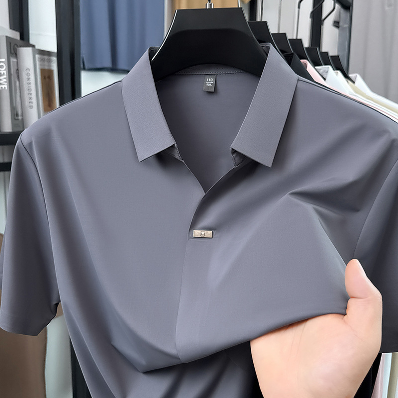 Cross-Border Popular Men's Short-Sleeve Polo Shirt, Summer Ice Silk Middle-Aged Half-Sleeve Shirt, Non-Iron V-Neck T-Shirt Men's Clothing