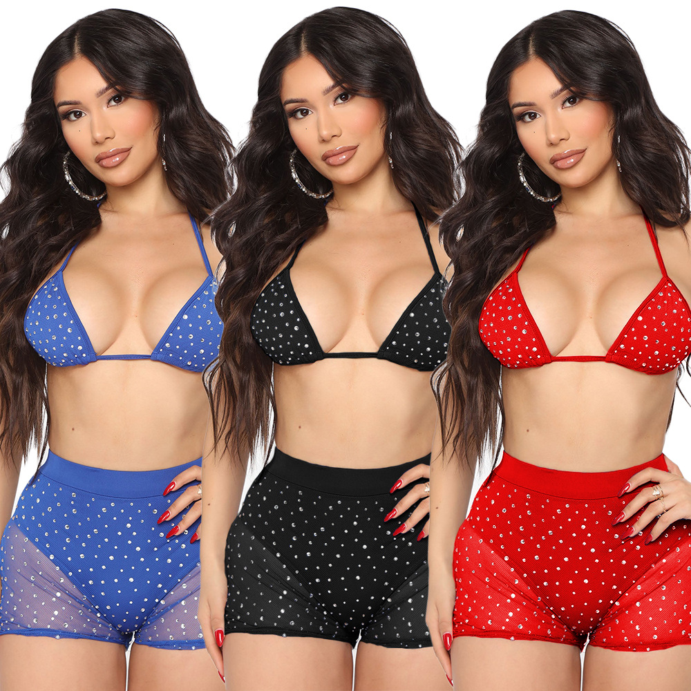 Women Clothing Sexy Tight Mesh See-through Drilling Two-Piece Set for Women