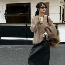 韩系慵懒宽松圆领针织衫~2024秋冬新款松弛感水貂毛混纺毛衣W1006