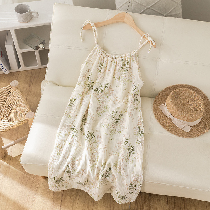 Women's Camisole Nightdress 2026 New Summer Thin Sweet Style Floral Double-Layer Pure Cotton Gauze Pajamas Can Be Worn Outside