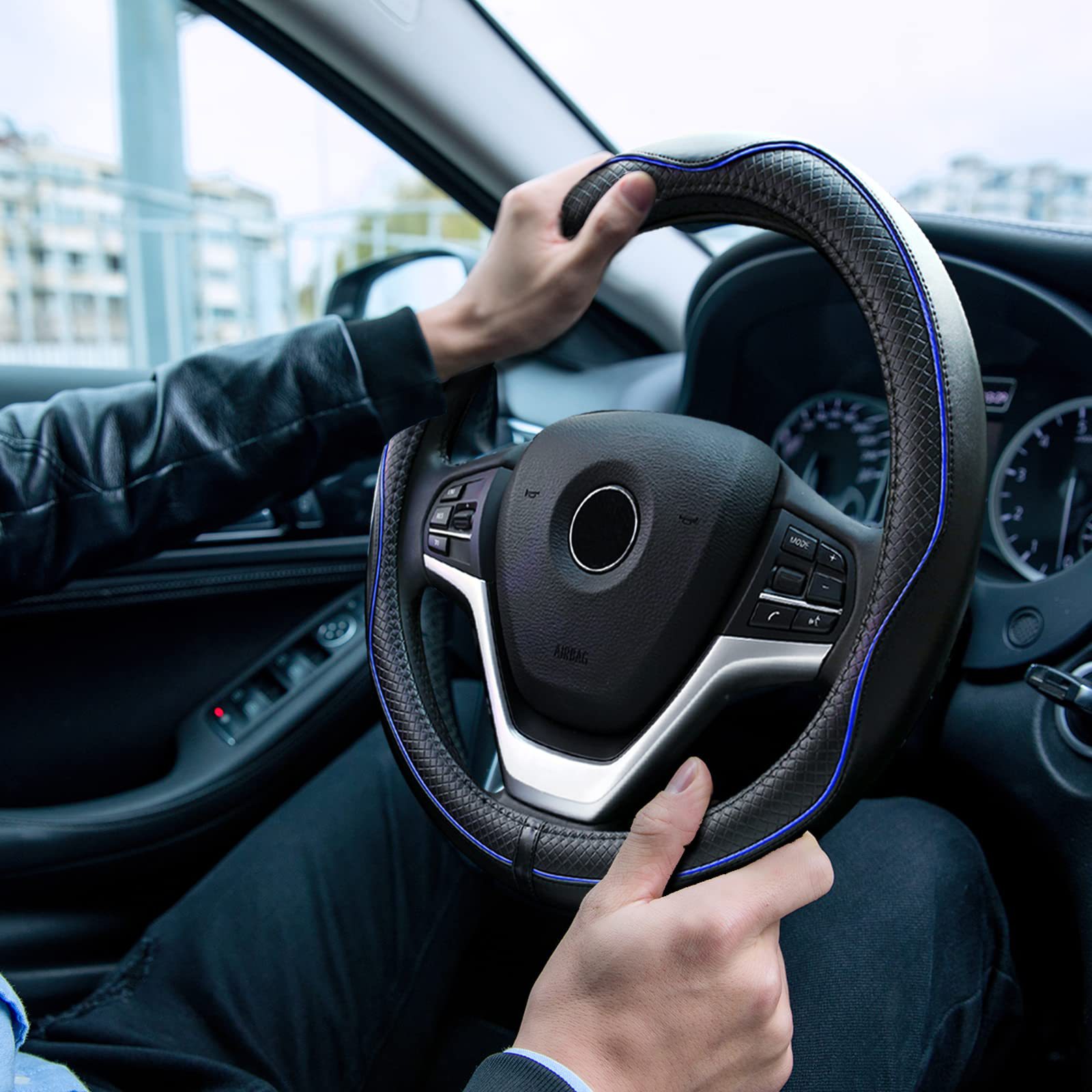 New Cross-Border Foreign Trade Car Steering Wheel Cover, Fashionable Diamond-Shaped Three-Dimensional Embossed Leather Car Handle Cover, Suitable for All Seasons