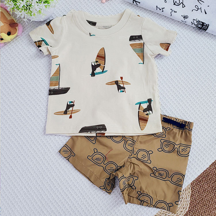 婴儿新款短袖短裤套装女宝蕾丝夏2件套女童欧美跨境时尚衣服卡通