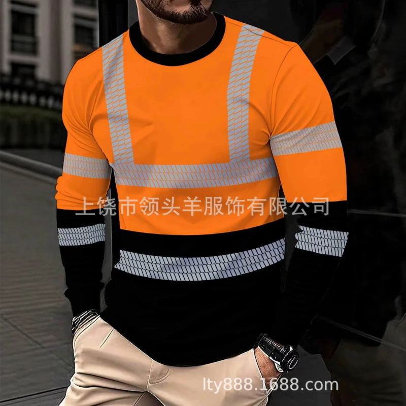 Men's Long-Sleeve T-Shirt with Contrast Color Reflective Strips Navy Blue Fluorescent Green Patchwork Workwear Long-Sleeve Top Men's Long-Sleeve T-Shirt with Contrast Color Reflective Strips Navy Blue Fluorescent Green Patchwork Workwear Long-Sleeve Top