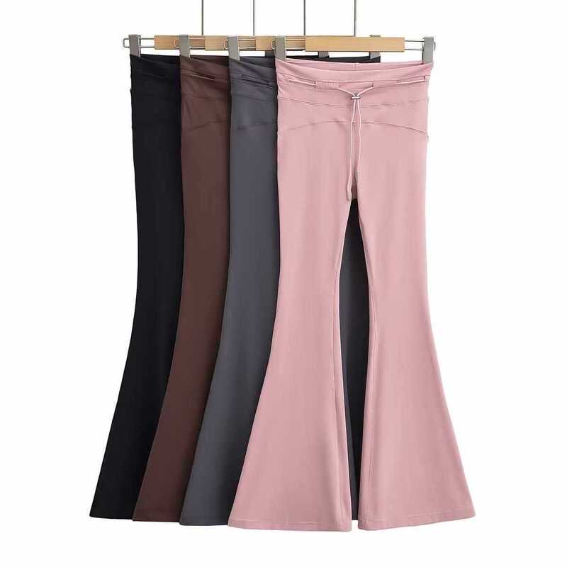 Autumn Wide-Brimmed High-Waisted Solid Color Stretch Cotton Tight Yoga Flared Pants with Drawstring Waistband in Black