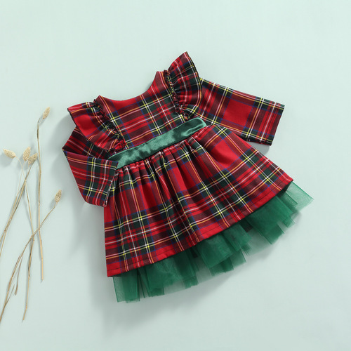 New Style Children's Clothing for Girls, Checkered Long-Sleeved Dress, Christmas Big Bowknot Netting Princess Dress 