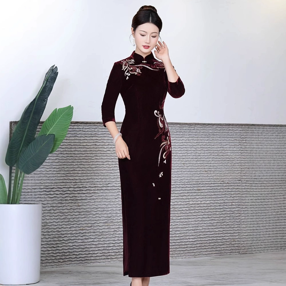 Новый золотой бархатный чонсам новый китайский стиль весенний и осенний женский длинный темперамент