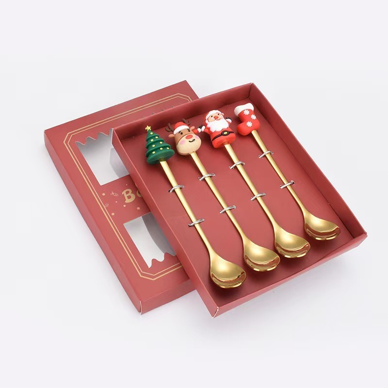 Cucharas de acero inoxidable transfronterizas muñecas de Papá Noel cubiertos cajas de regalo caseras de café mezclador cucharas de postre horquilla de frutas