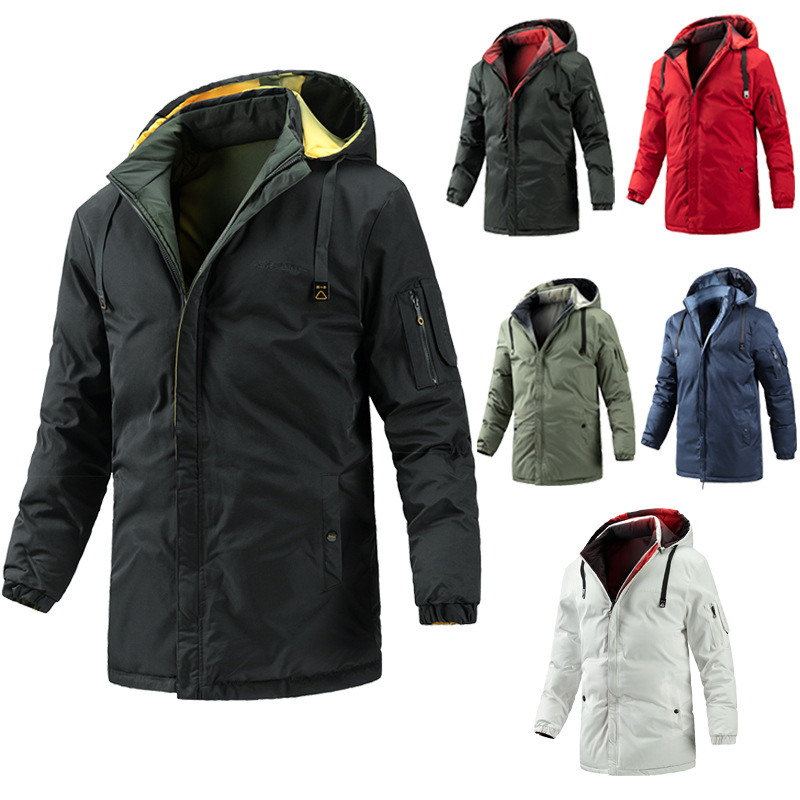 Comercio exterior transfronterizo Abrigo de algodón acolchado de longitud media para hombres Invierno Nuevo abrigo de doble cara con capucha engrosada Abrigo de algodón acolchado de moda coreana para hombres