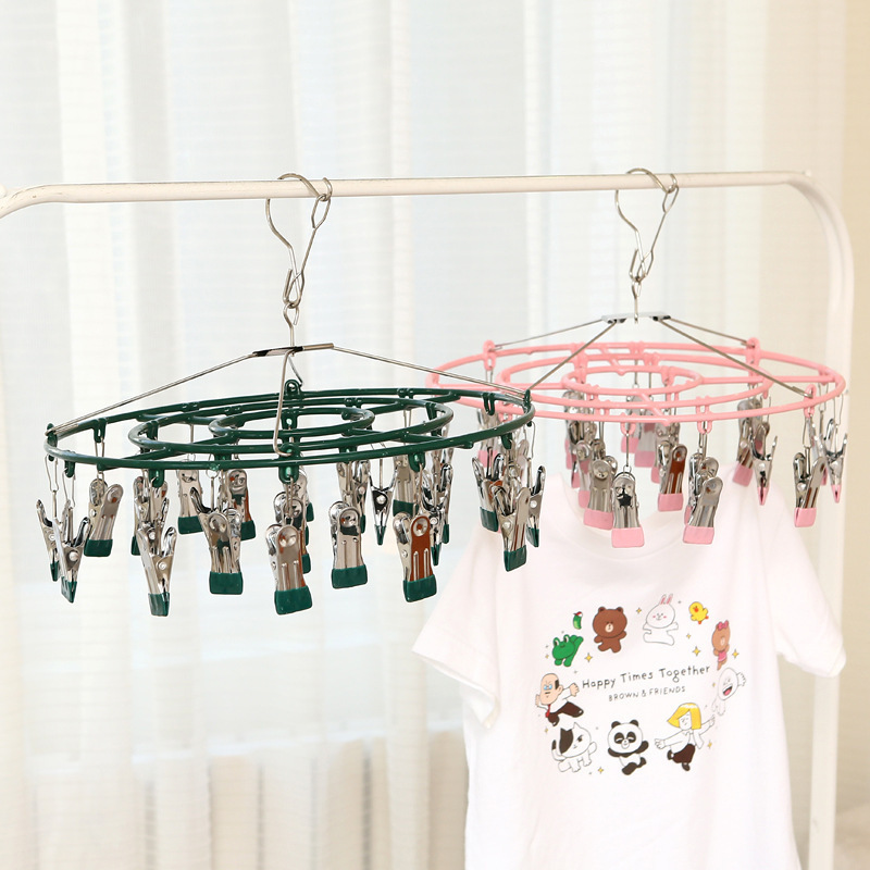 Clothes Drying Rack with Multiple Clips for Drying Underwear and Socks, Household Stainless Steel Sock Drying Clips, Round Hanger with 24 Clips