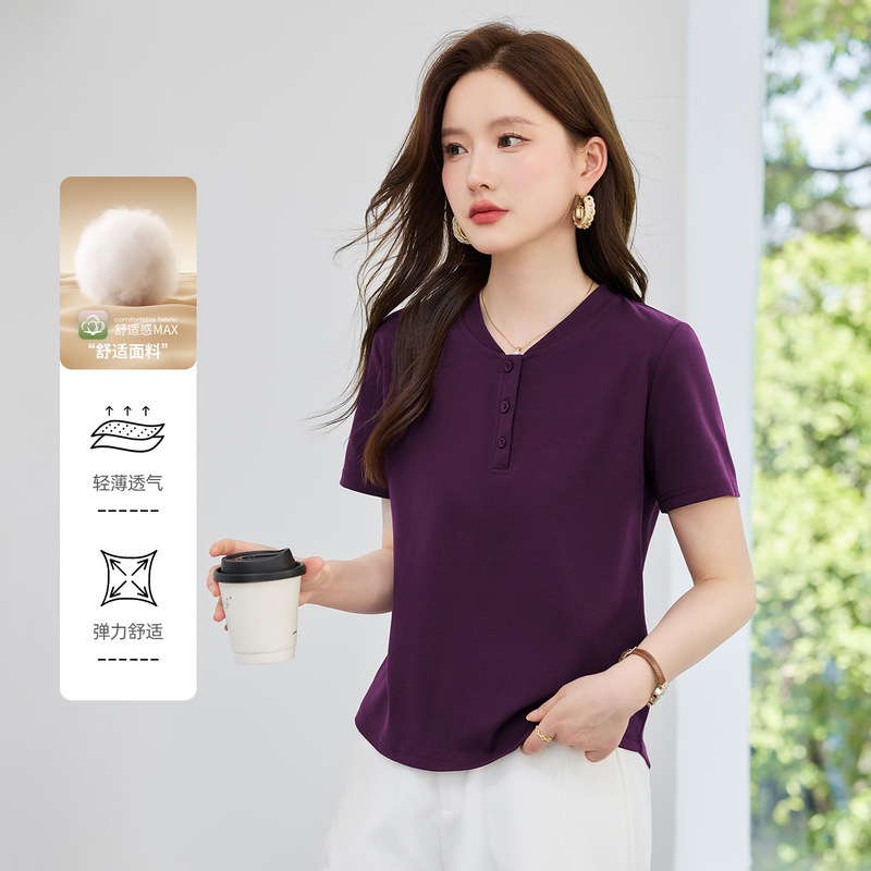 Simple Solid Color Henley Collar T-Shirt for Women, Half-Open Front with Small Buttons, Thin and Stretchy, Versatile Base Shirt for Middle-Aged Moms