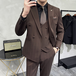 Foreign Trade 2025 Autumn and Winter New Striped Men's Suit Double-Breasted Three-Piece Casual Wedding Suit