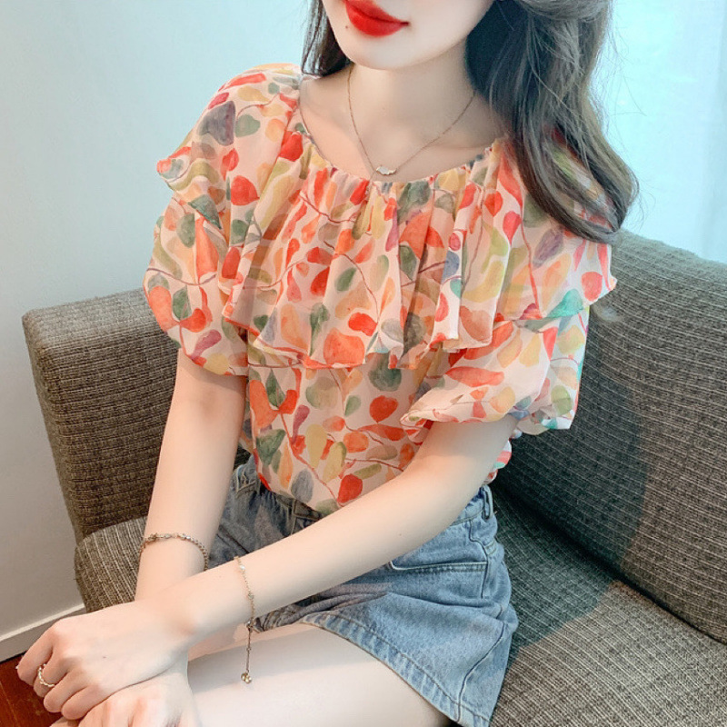 フリルワンショルダー甘い花柄シフォンシャツ女性の夏の新しいデザインパフ半袖ニッチトップ|undefined