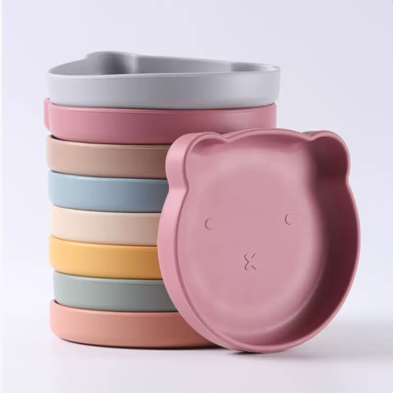 母婴喂养硅胶小熊碗餐具 硅胶小熊餐盘 防摔硅胶创意婴儿餐盘