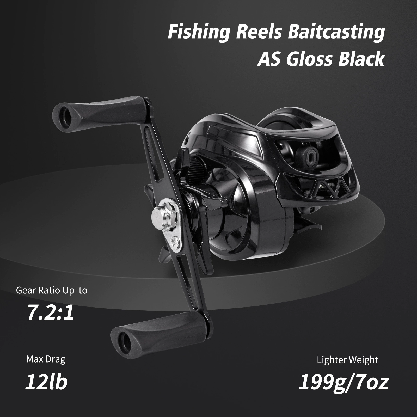 Carrete baitcaster metálico negro vista frontal
