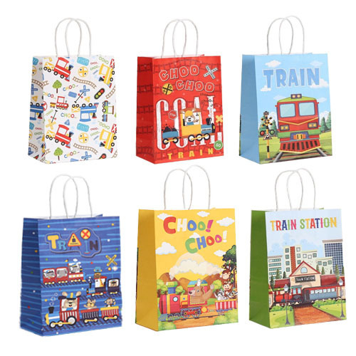 新款跨境热销儿童节日派对卡通小火车牛皮纸手提袋商场购物外卖袋