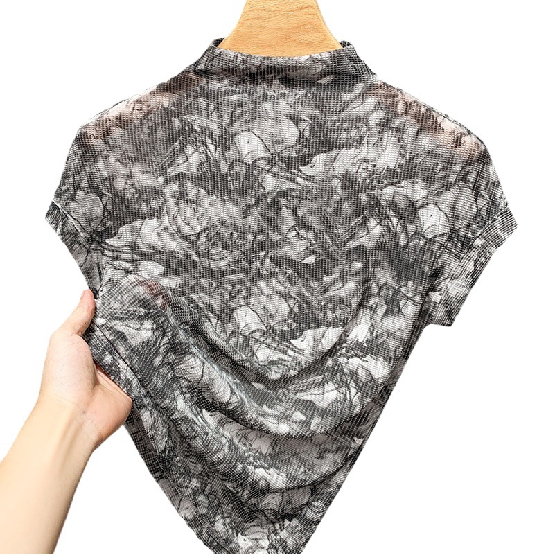 Camiseta de cuello alto de las mujeres 2023 nuevas mujeres europeas de malla impresa estilo occidental pequeña camisa elegante chaleco sin mangas image 1