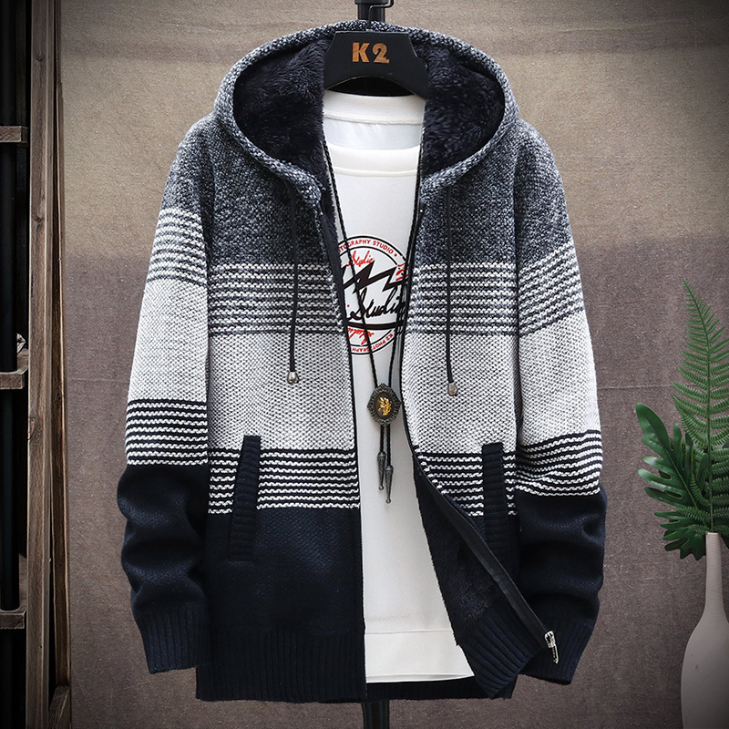 Spring Autumn Winter Cardigan Sweater Men's Hooded Plus Size Velvet Thick Fashionable Color Matching Hooded Knitted Coat Cool