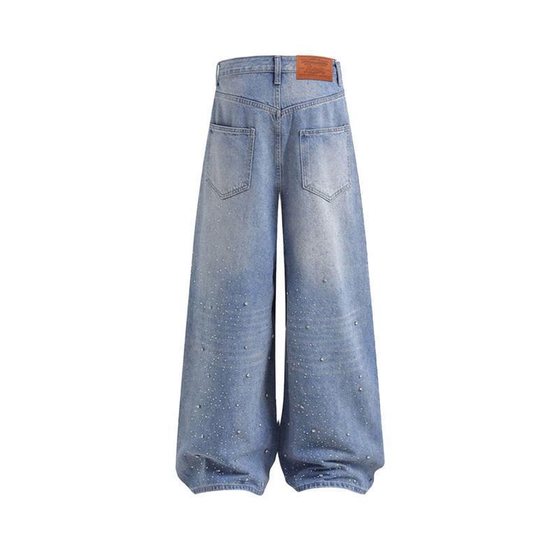Men's Clothing High Waisted Plus Size Straight Leg Jeans Rhinestone Washed Denim Loose Fitting For Men European And American Style_voghion.com