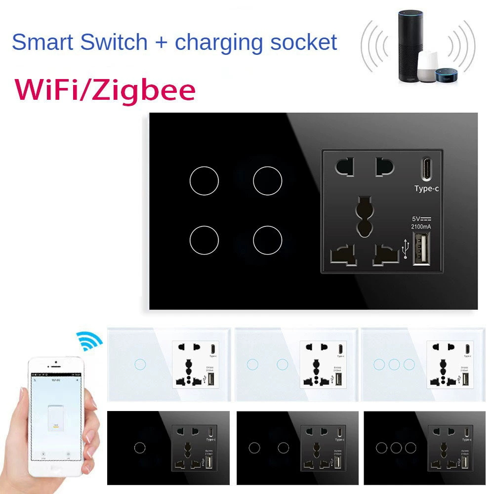 Wi-Fi умная панель переключателей с розеткой на пять отверстий, двойной USB, настенный сенсорный переключатель