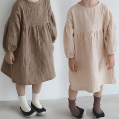 Ins Korean casual cotton linen spring summer girls' lantern long-sleeved versatile princess dress children's dress