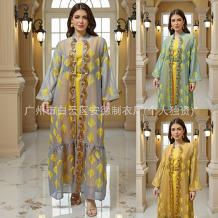 Musilin Cross-Border New Middle Eastern Women's Saudi Fashion Mesh Embroidered Robe Two-Piece Set Dubai Belt