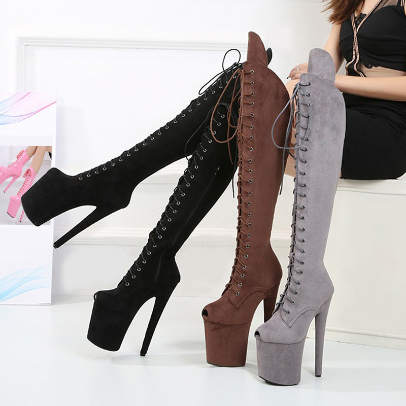 20cm Suede Slim Mid-Calf Boots European and American Style Super High Heels Sky-High Lace-Up Sexy Pole Dance Shoes Catwalk Performance