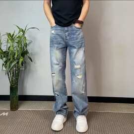 春夏季潮流韩版痞帅水洗磨白蓝色破洞乞丐裤青年男士休闲牛仔裤子